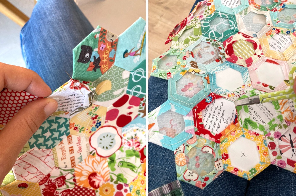 Arbeitsschritte beim English Paper Piecing: Zusammennähen und Entfernen der Papierschablonen