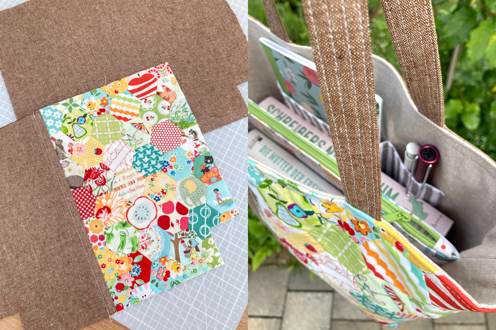 Cumbria Tote Bag mit bunten Hexies - links in der Entstehung und rechts die fertige Tragetasche