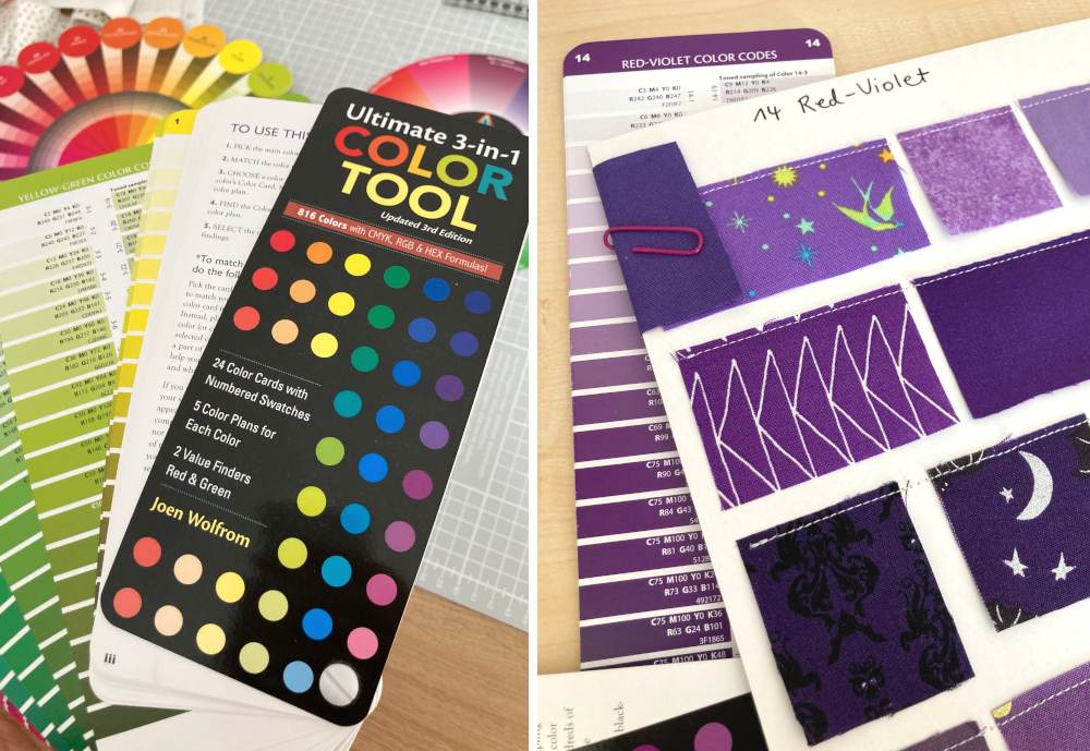 Farbfächer "Ultimate 3-in-1 Color Tool" und selbstgebastelte Stoff-Farbkarte "Red-Violet"