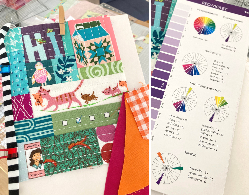 Stoffe in Violett, Grün und Orange auf ein Flanell mit Quilt-as-you-go-Technik genäht, im Zentrum eine Katzenfamilie