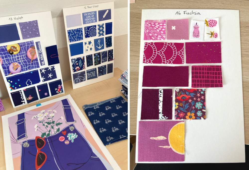 Selbstgebastelte Stoff-Farbkarten für Violet, Blue-Violet und Fuchsia