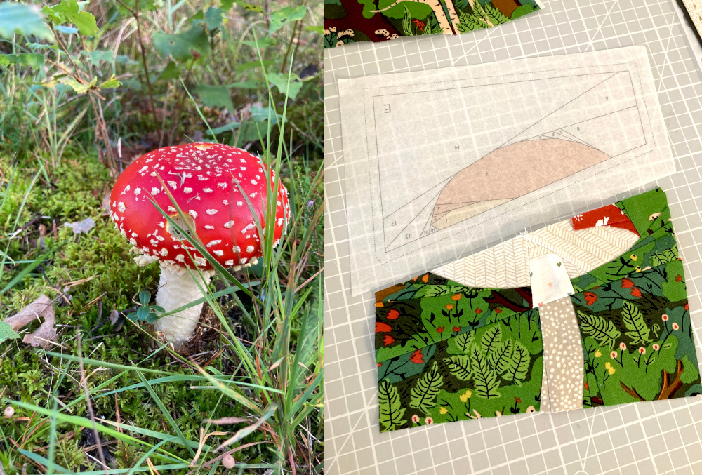 Fliegenpilz im Wald und daneben genäht auf einer FPP-Vorlage