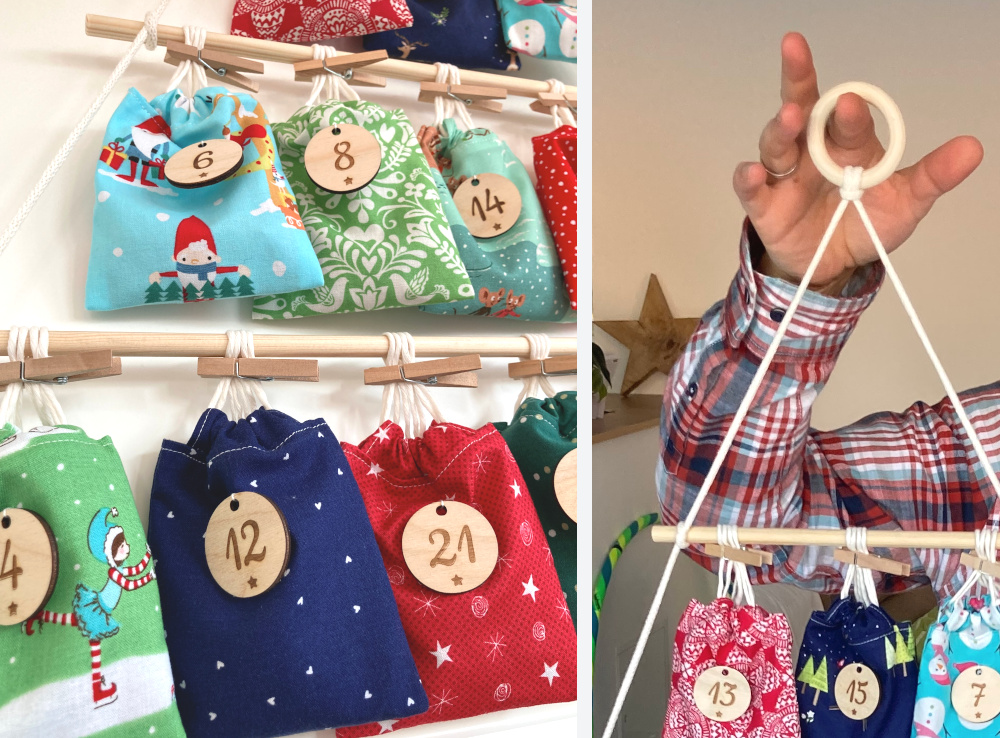 Links: Adventskalender-Säckchen, die mit Holzklammern an Rundstäben aus Holz befestigt sind. Rechts: Holzring, an dem die Rundstäbe mit Flechtkordel befestigt sind.