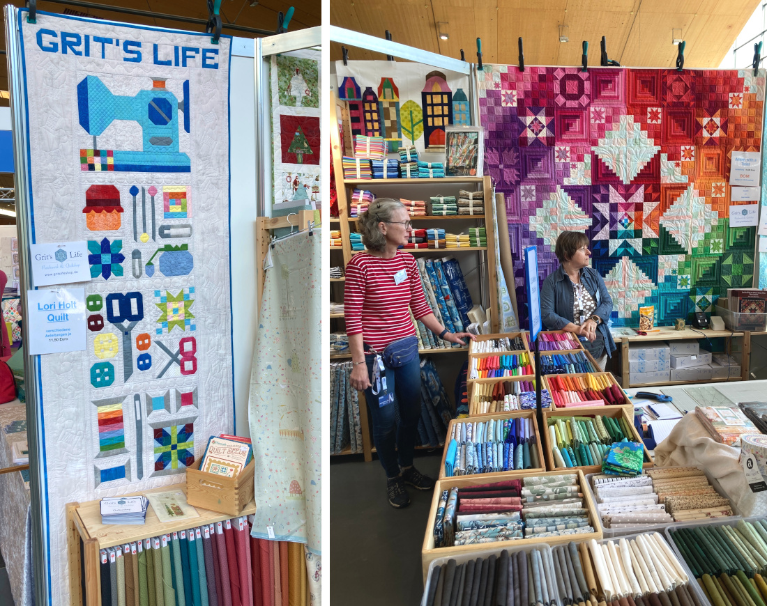 Der Stand von "Grit's Life" mit bunten Stoffen und Quilten auf der Nadelwelt in Karlsruhe 2026