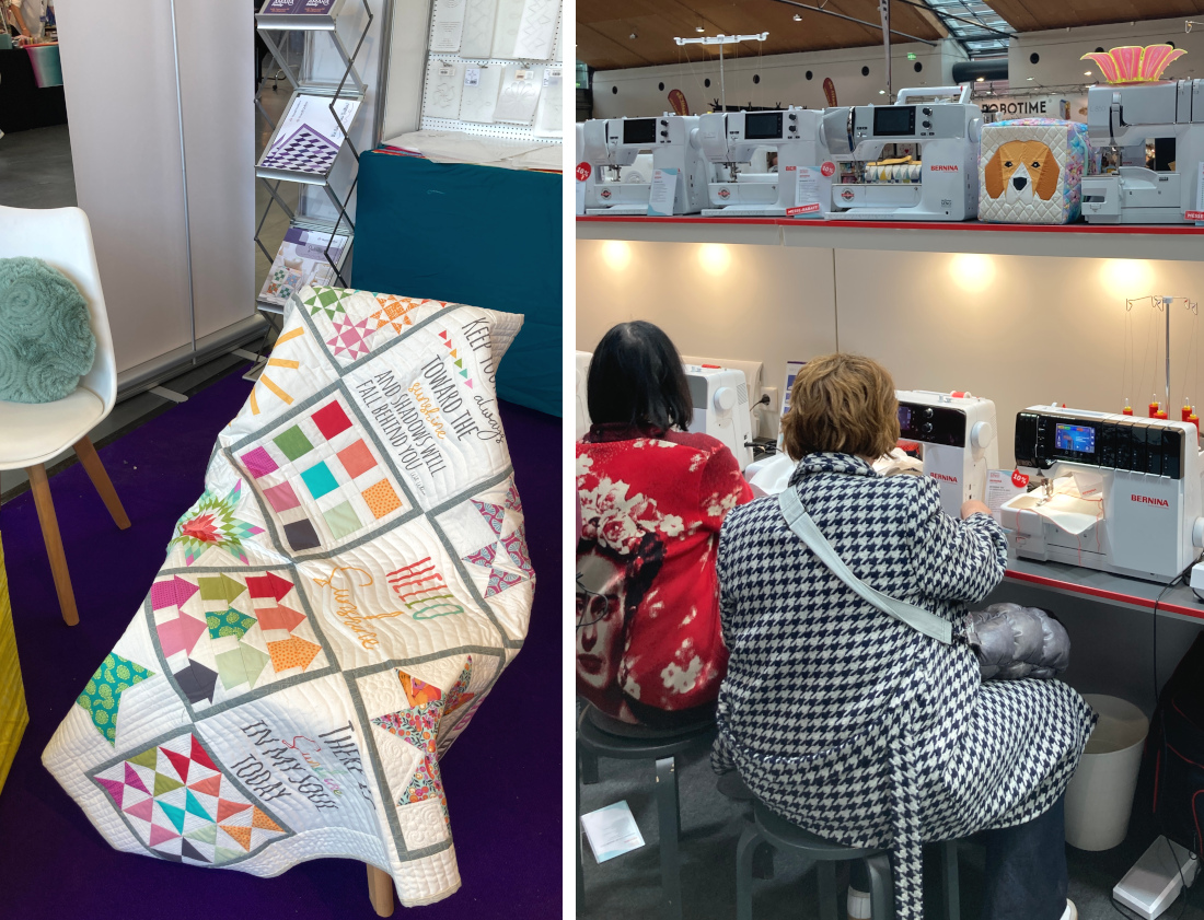 Auf der Nadelwelt in Karlsruhe 2026: Links Quilt am Stand von Handi Quilter. Rechts zwei Frauen, die am Stand von Nähzentrum Senci vor Bernina-Nähmaschinen sitzen.